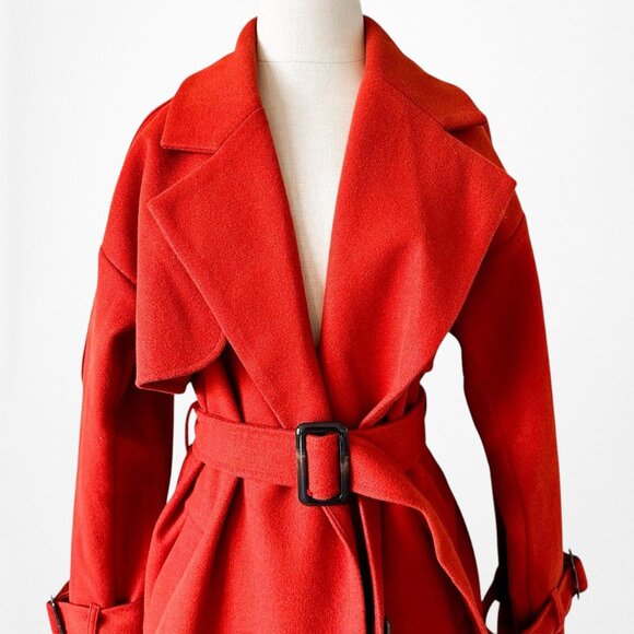 Red Oversized Belted Trench Coat Peacoat Style Long Jacket Size XS/S/M - Picture 9 of 10